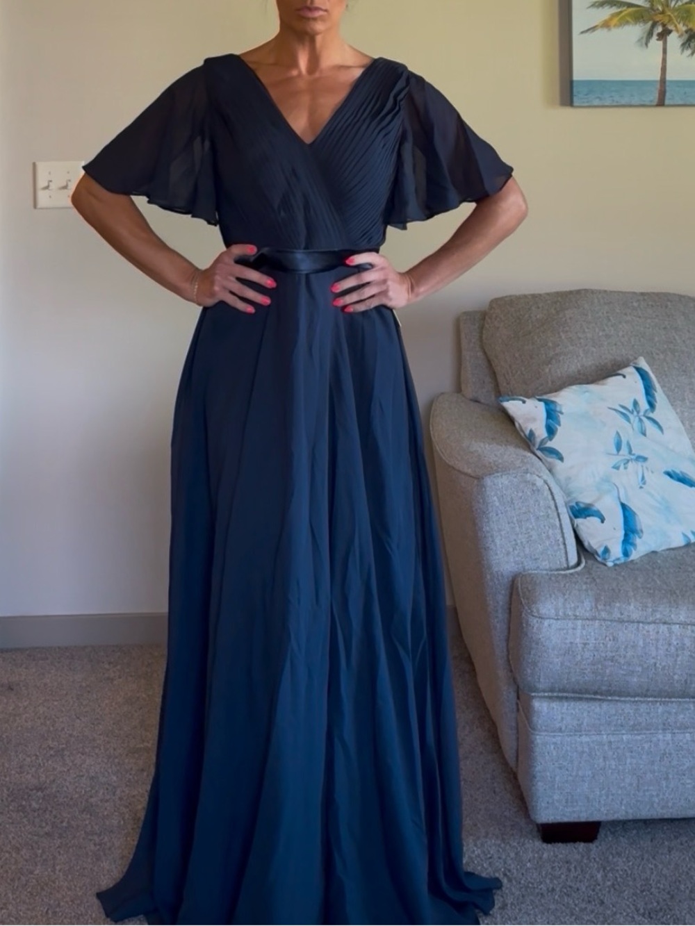 Elegant Black V-Neck Flutter Sleeve Evening Dress